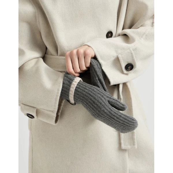 Brunello Cucinelli Knit mittens with monili in Lead, view 3 | Gloves | Coveti