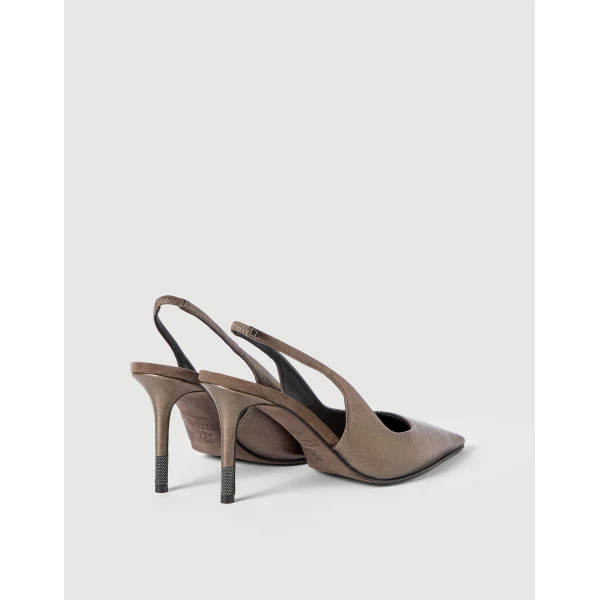 Brunello Cucinelli Lamé leather slingback heels in Bronze, view 2 | Heels | Coveti