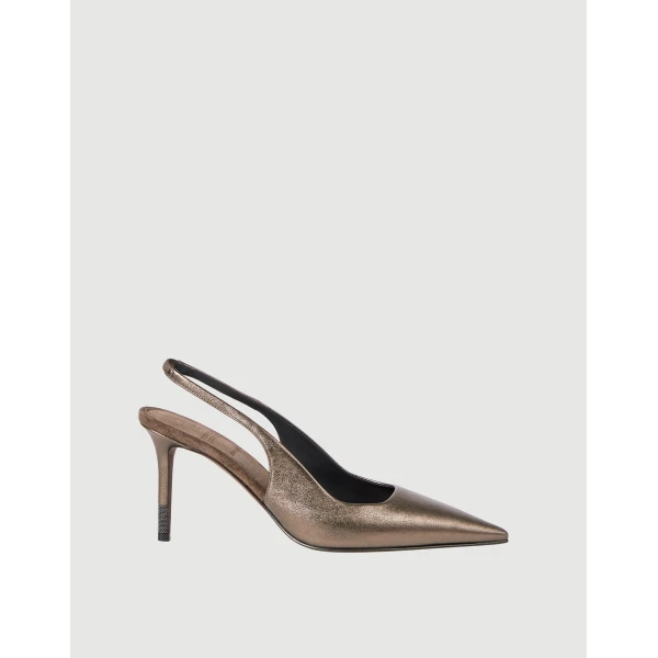 Brunello Cucinelli Lamé leather slingback heels in Bronze, view 6 | Heels | Coveti
