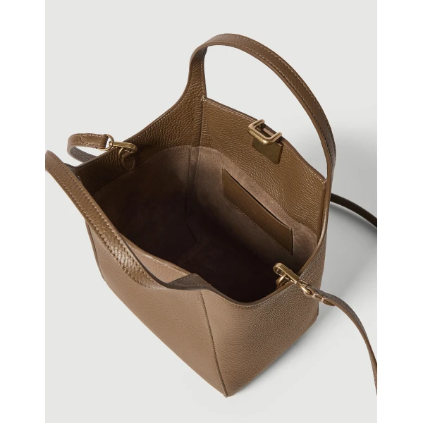 Leather sartorial small bucket bag in Mud - Image 5