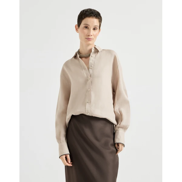 Brunello Cucinelli Linen shirt with monili in Beige, view 2 | Shirts | Coveti
