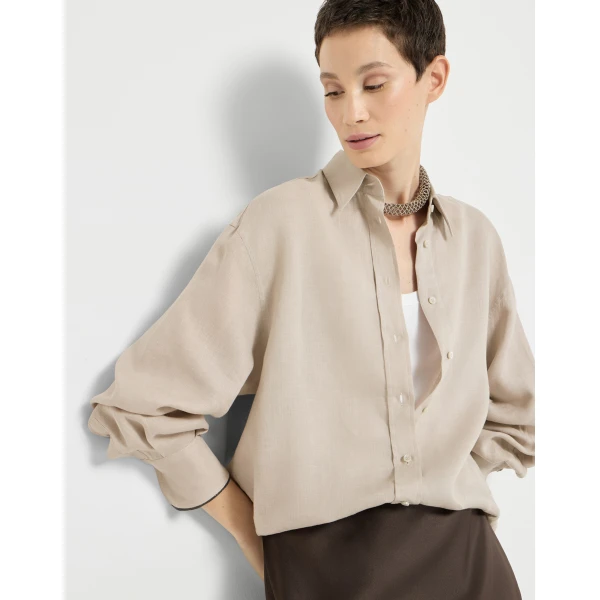 Brunello Cucinelli Linen shirt with monili in Beige, view 5 | Shirts | Coveti