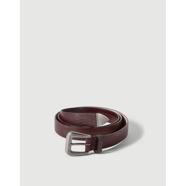 Brunello Cucinelli Lizard-effect calfskin belt in Burgundy, view 2 | Belts | Coveti