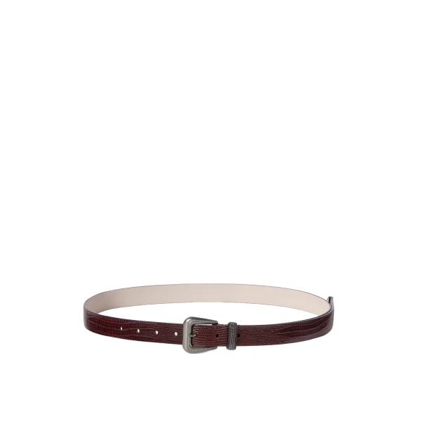 Lizard-effect calfskin belt in Burgundy
