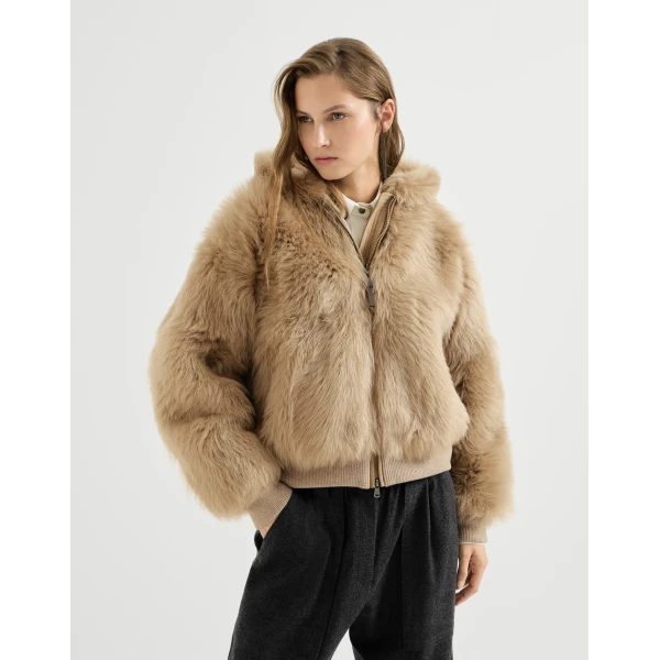 Brunello Cucinelli Lux shearling outerwear jacket in Honey, view 2 | Shearling Jackets | Coveti