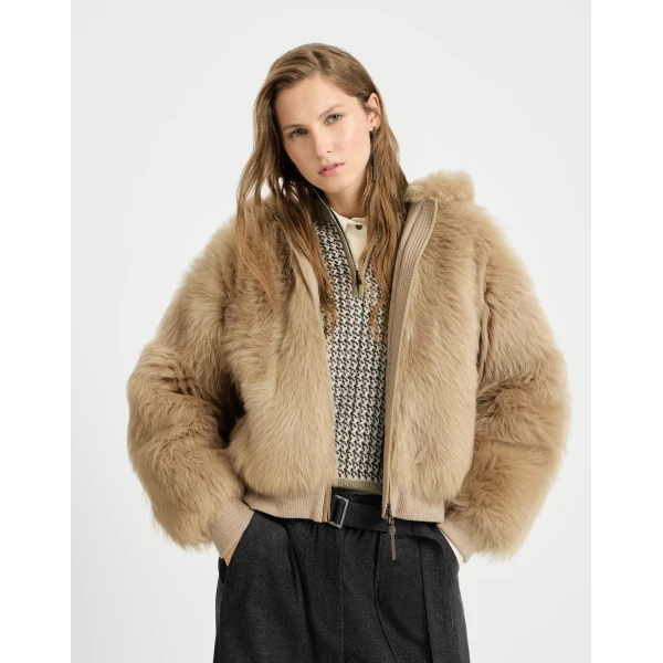 Brunello Cucinelli Lux shearling outerwear jacket in Honey, view 5 | Shearling Jackets | Coveti