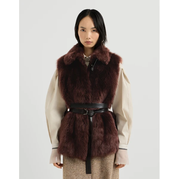 Lux shearling vest with belt in Burgundy - Image 2