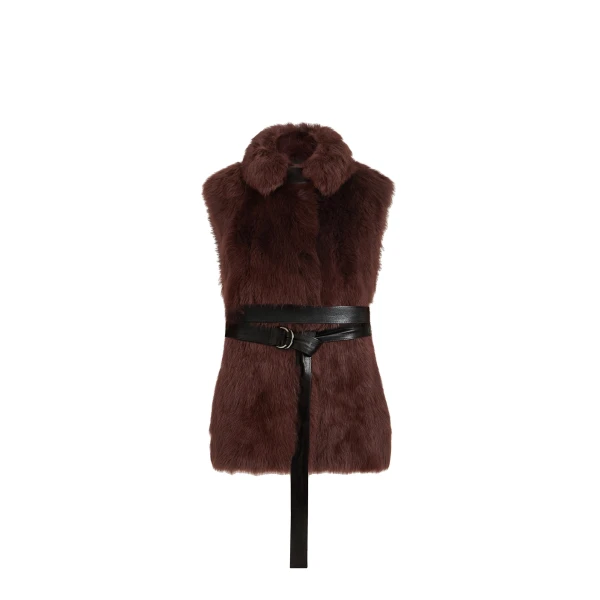 Lux shearling vest with belt in Burgundy
