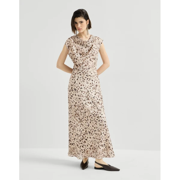 Brunello Cucinelli Lynx print pongee dress in Beige