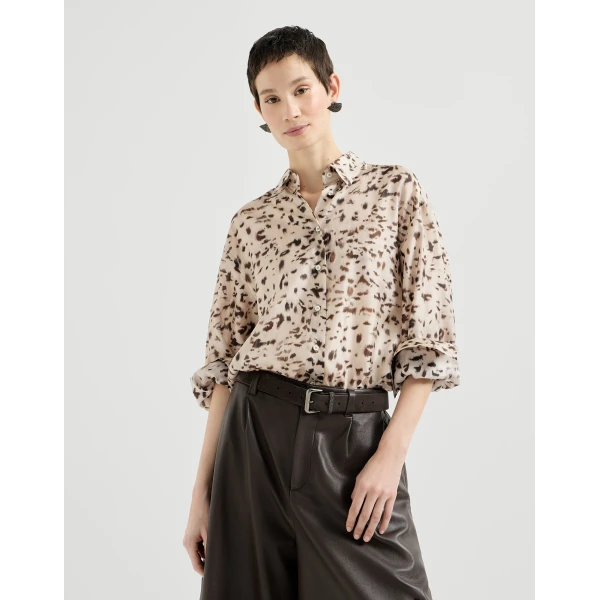 Brunello Cucinelli Lynx print pongee shirt in Beige
