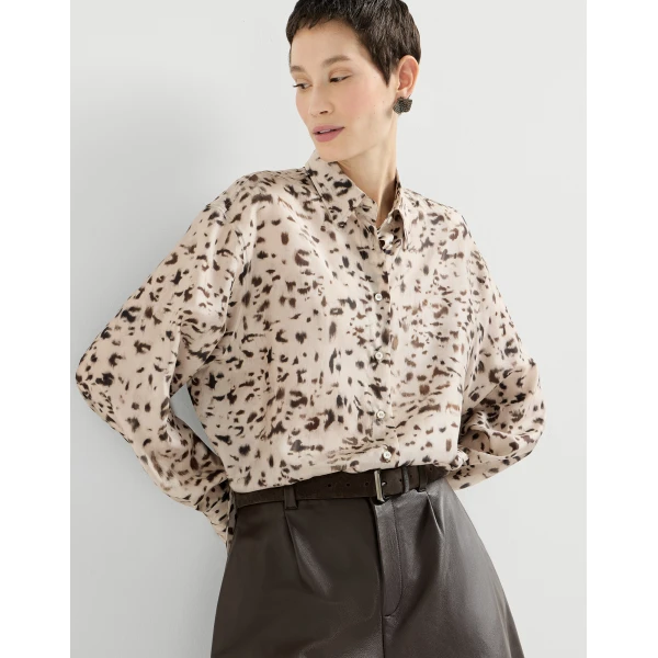Brunello Cucinelli Lynx print pongee shirt in Beige
