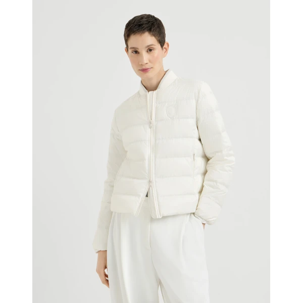 Brunello Cucinelli Matte nylon down jacket with logo in Milk