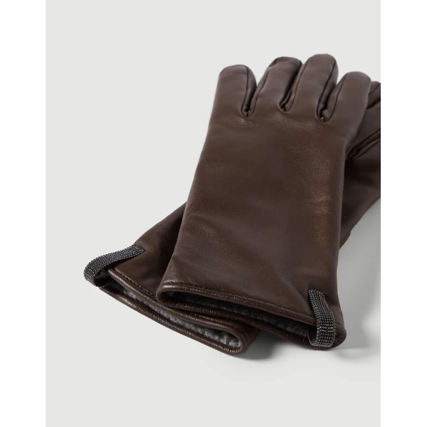 Brunello Cucinelli Nappa leather gloves in Brown, view 2 | Gloves | Coveti