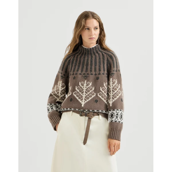 Brunello Cucinelli Nordic heritage high-neck sweater in Light Brown, view 2 | Sweaters | Coveti