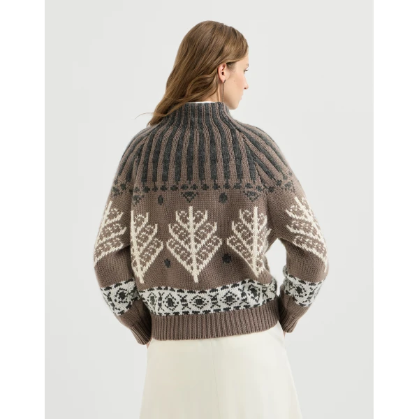 Brunello Cucinelli Nordic heritage high-neck sweater in Light Brown, view 3 | Sweaters | Coveti