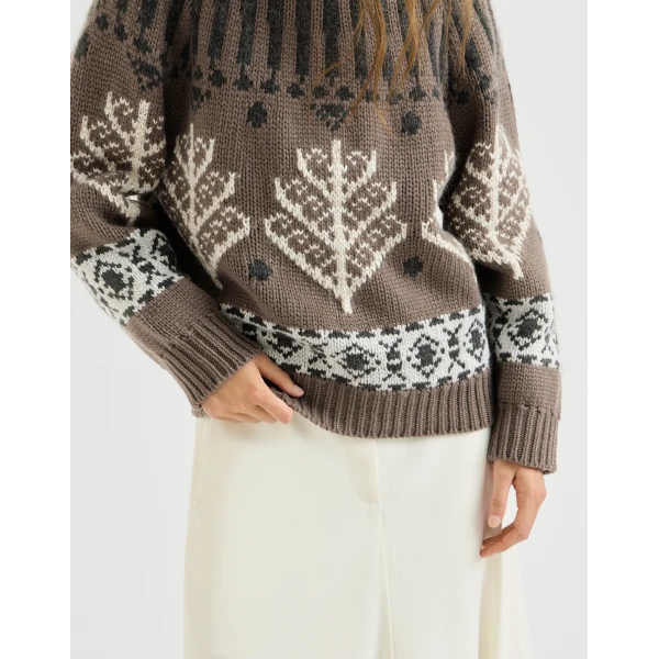 Brunello Cucinelli Nordic heritage high-neck sweater in Light Brown, view 4 | Sweaters | Coveti