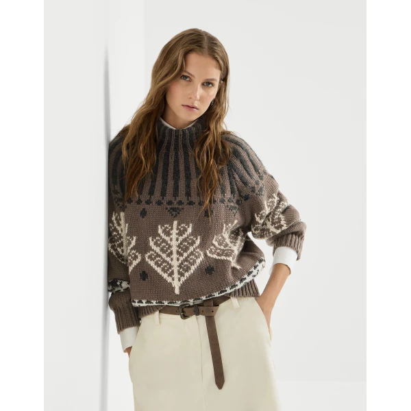 Brunello Cucinelli Nordic heritage high-neck sweater in Light Brown, view 5 | Sweaters | Coveti