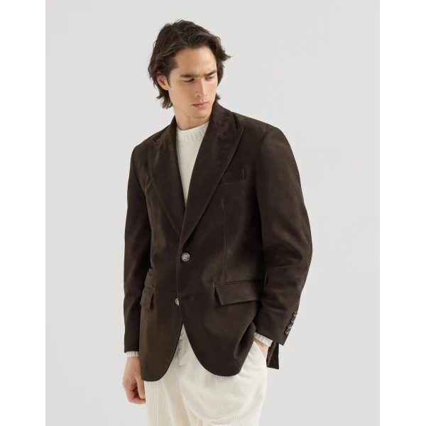 Brunello Cucinelli Nubuck blazer with peak lapels in Brown, view 2 | Blazers | Coveti