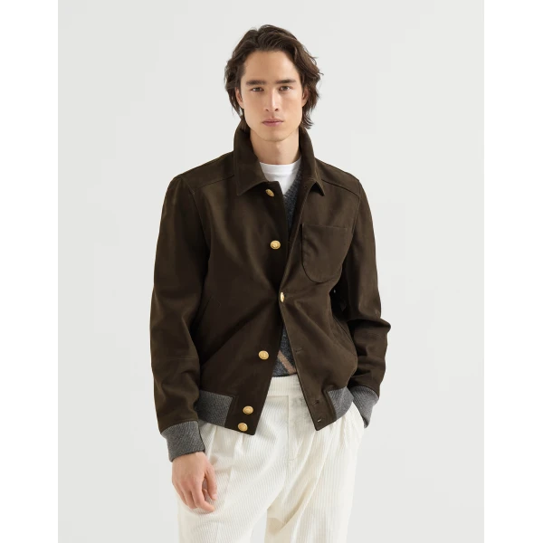 Brunello Cucinelli Nubuck shirt-style bomber jacket in Rust Brown, view 2 | Jackets | Coveti