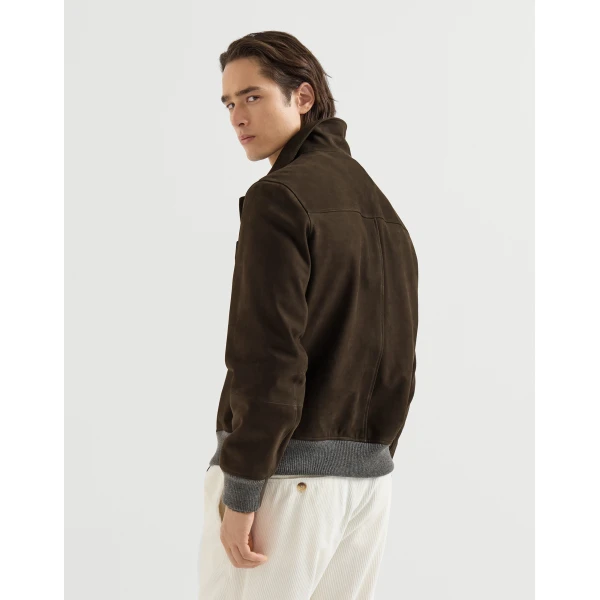 Brunello Cucinelli Nubuck shirt-style bomber jacket in Rust Brown, view 3 | Jackets | Coveti