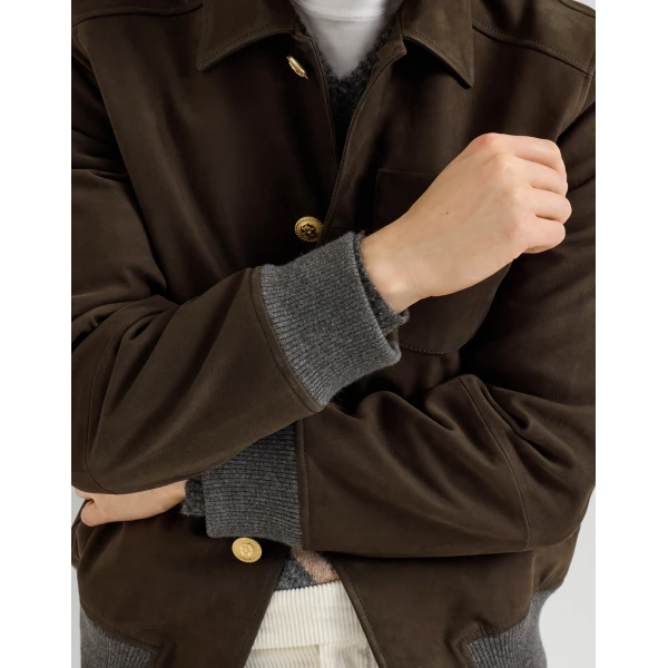 Brunello Cucinelli Nubuck shirt-style bomber jacket in Rust Brown, view 4 | Jackets | Coveti