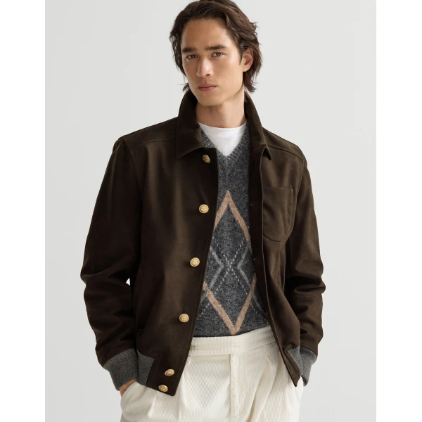 Brunello Cucinelli Nubuck shirt-style bomber jacket in Rust Brown, view 5 | Jackets | Coveti