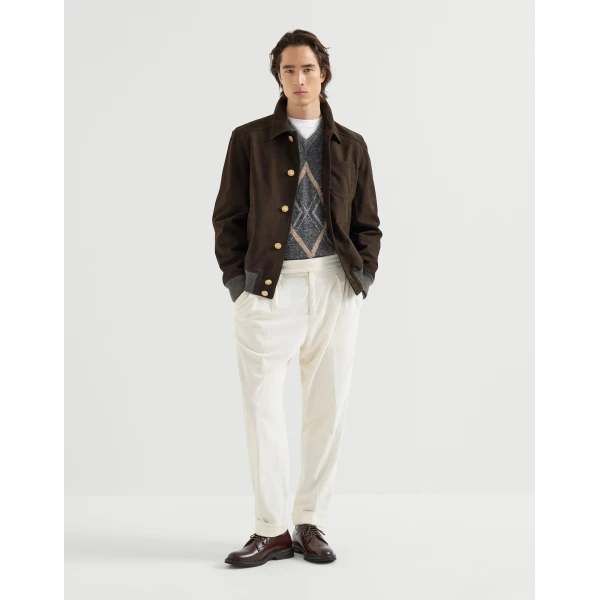 Brunello Cucinelli Nubuck shirt-style bomber jacket in Rust Brown, view 6 | Jackets | Coveti