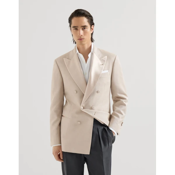 Brunello Cucinelli One-and-a-half-breasted tuxedo jacket in Sand, view 2 | Blazers | Coveti