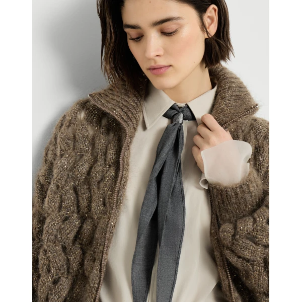 Brunello Cucinelli Organza necktie with monili in Dark Grey, view 3 | Accessories | Coveti