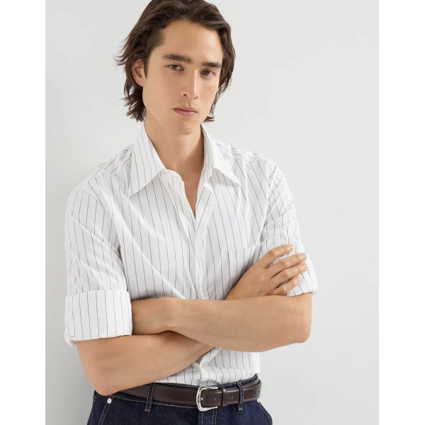 Brunello Cucinelli Pinstripe poplin shirt in White, view 2 | Shirts | Coveti