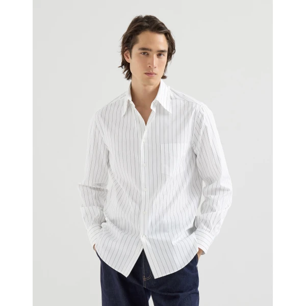 Brunello Cucinelli Pinstripe poplin shirt in White, view 4 | Shirts | Coveti