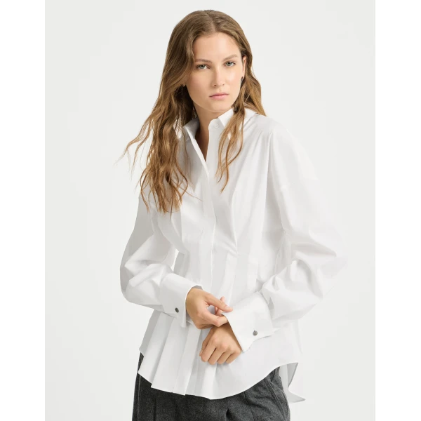 Brunello Cucinelli Poplin pleated shirt in White, view 2 | Shirts | Coveti