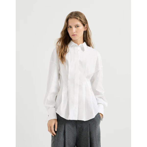 Brunello Cucinelli Poplin pleated shirt in White, view 3 | Shirts | Coveti