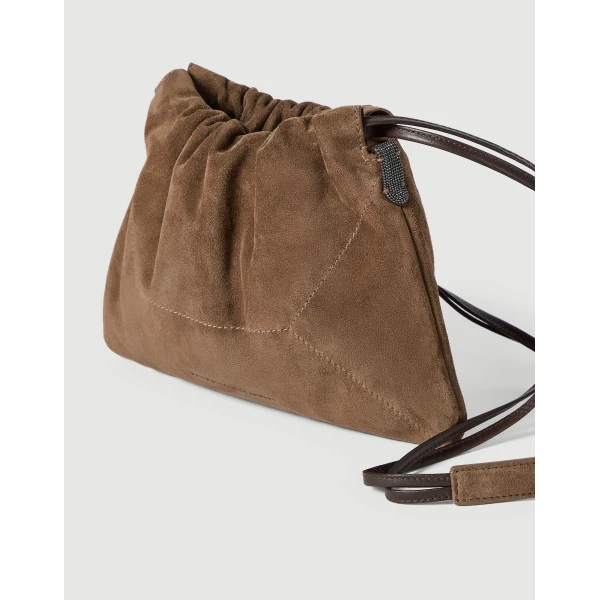 Pouch bag in suede with monili in Caramel - Image 3