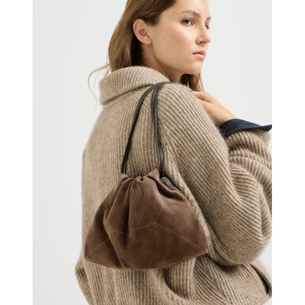 Pouch bag in suede with monili in Caramel - Image 4