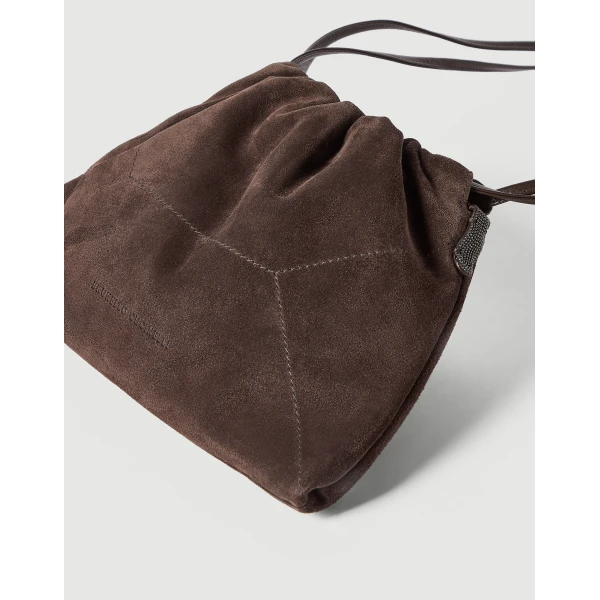 Pouch bag in suede with monili in Espresso - Image 3