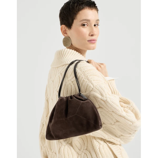 Pouch bag in suede with monili in Espresso - Image 4