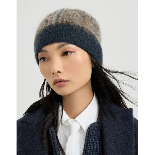 Brunello Cucinelli Prince of Wales double knit beanie in Dark Grey, view 3 | Hats | Coveti