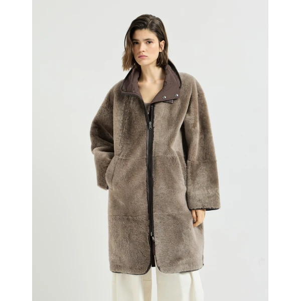 Brunello Cucinelli Reversible shearling coat in Brown, view 2 | Fur Coats | Coveti