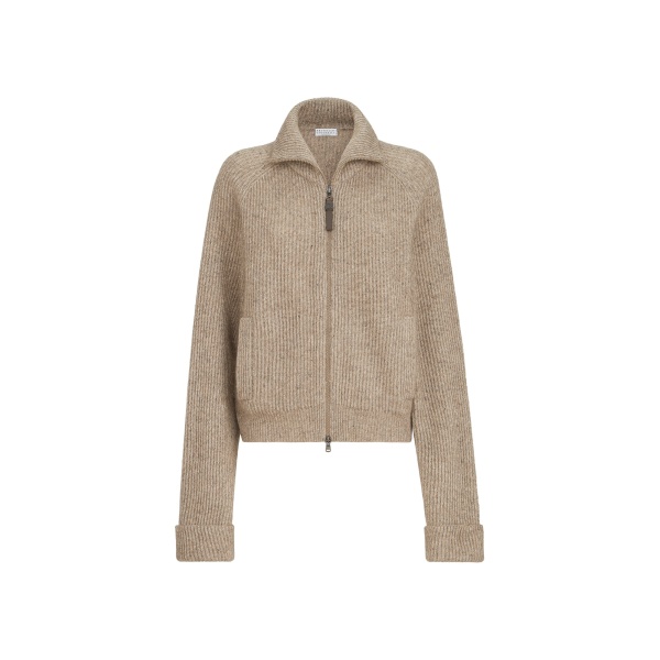 Brunello Cucinelli Ribbed cardigan with monili in Light Brown