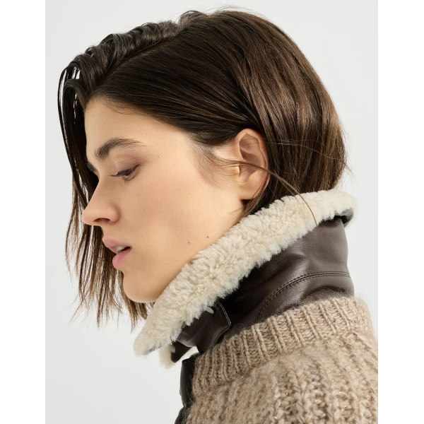 Ribbed cardigan with shearling insert in Light Brown - Image 4