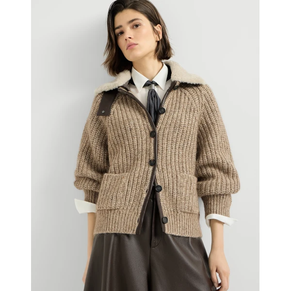 Ribbed cardigan with shearling insert in Light Brown - Image 5