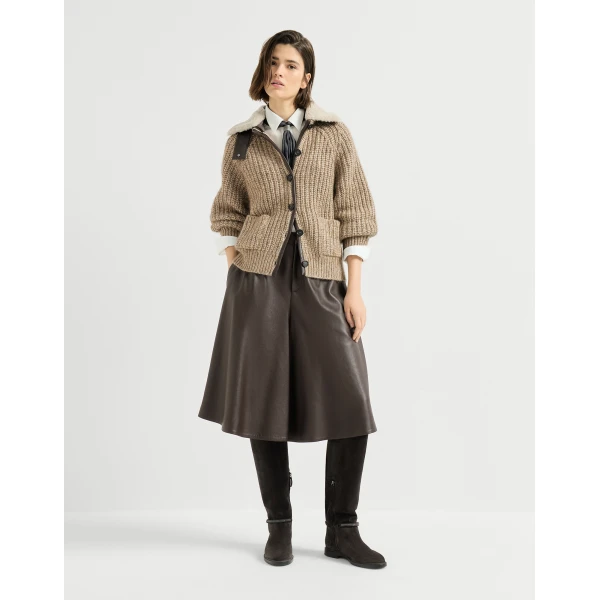 Ribbed cardigan with shearling insert in Light Brown - Image 6