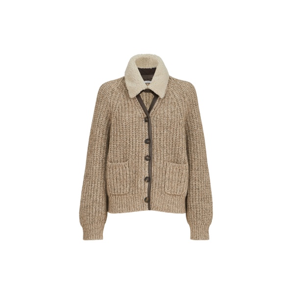 Brunello Cucinelli Ribbed cardigan with shearling insert in Light Brown