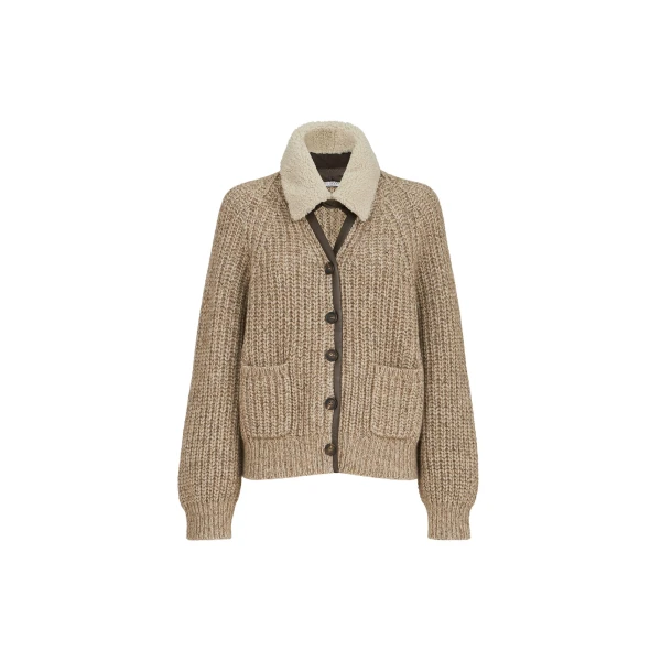 Ribbed cardigan with shearling insert in Light Brown