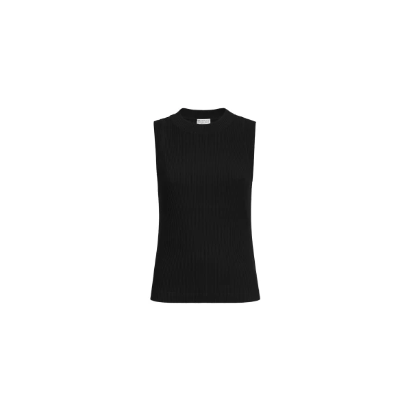 Brunello Cucinelli Ribbed jersey top with monili in Black