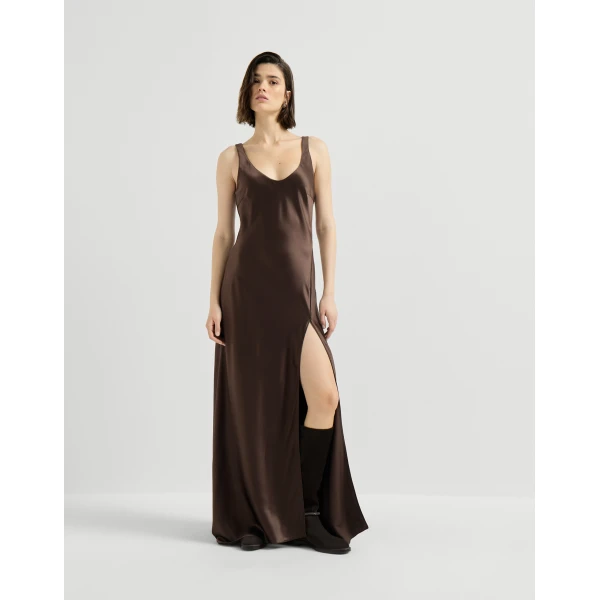 Brunello Cucinelli Satin long dress in Pine Cone Brown, view 2 | Maxi Dresses | Coveti
