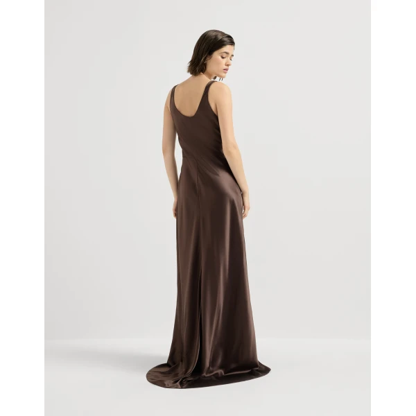 Brunello Cucinelli Satin long dress in Pine Cone Brown, view 3 | Maxi Dresses | Coveti