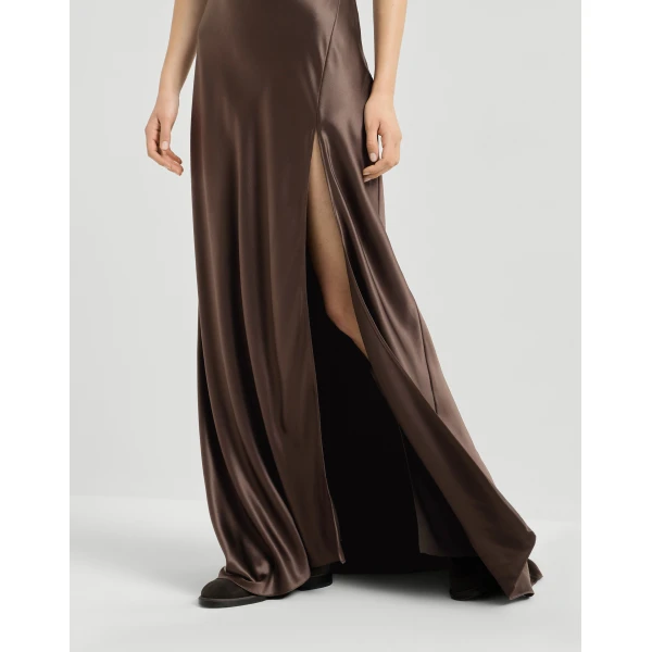 Brunello Cucinelli Satin long dress in Pine Cone Brown, view 4 | Maxi Dresses | Coveti