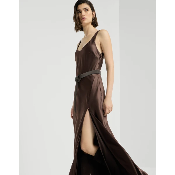 Brunello Cucinelli Satin long dress in Pine Cone Brown, view 5 | Maxi Dresses | Coveti